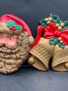 Hard Plastic Hanging Christmas Holiday Decorations Santa Gold Beard Bells Holly